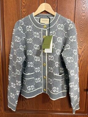 Gucci Gray GG Monogram Jacquard Knit Cardigan